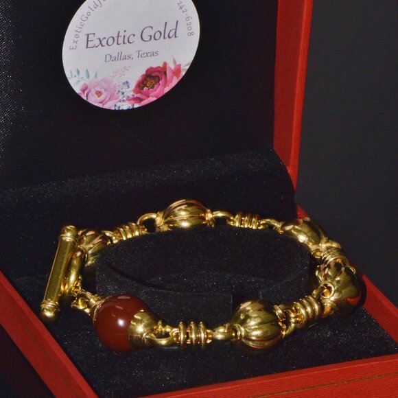 Estate Primavera Preziosi Italian Solid 18K Gold Carnelian Bead Toggle Bracelet - Picture 8 of 10